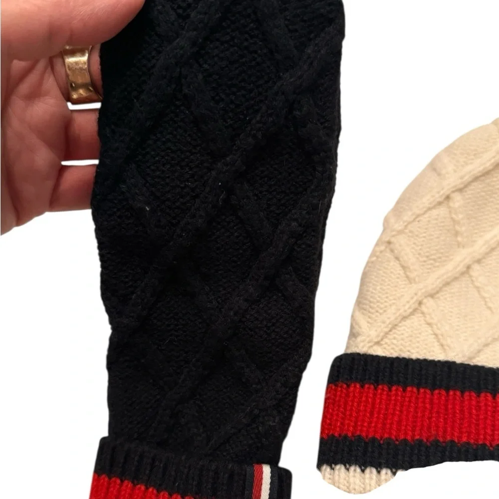 Tommy Hilfiger Cream and Black Knit Hat and Mittens Set